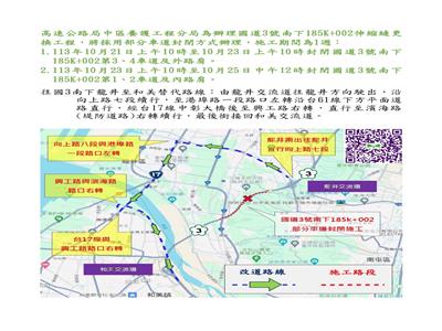 10月21日至10月25日國道3號南下185K+002封閉部分車道進行 伸縮縫更換施工，請用路人配合及注意