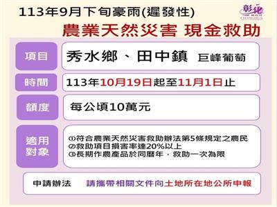 公告本縣秀水鄉、田中鎮為辦理巨峰葡萄113年9下旬豪雨(遲發性)農業天然災害現金救助及低利貸款地區