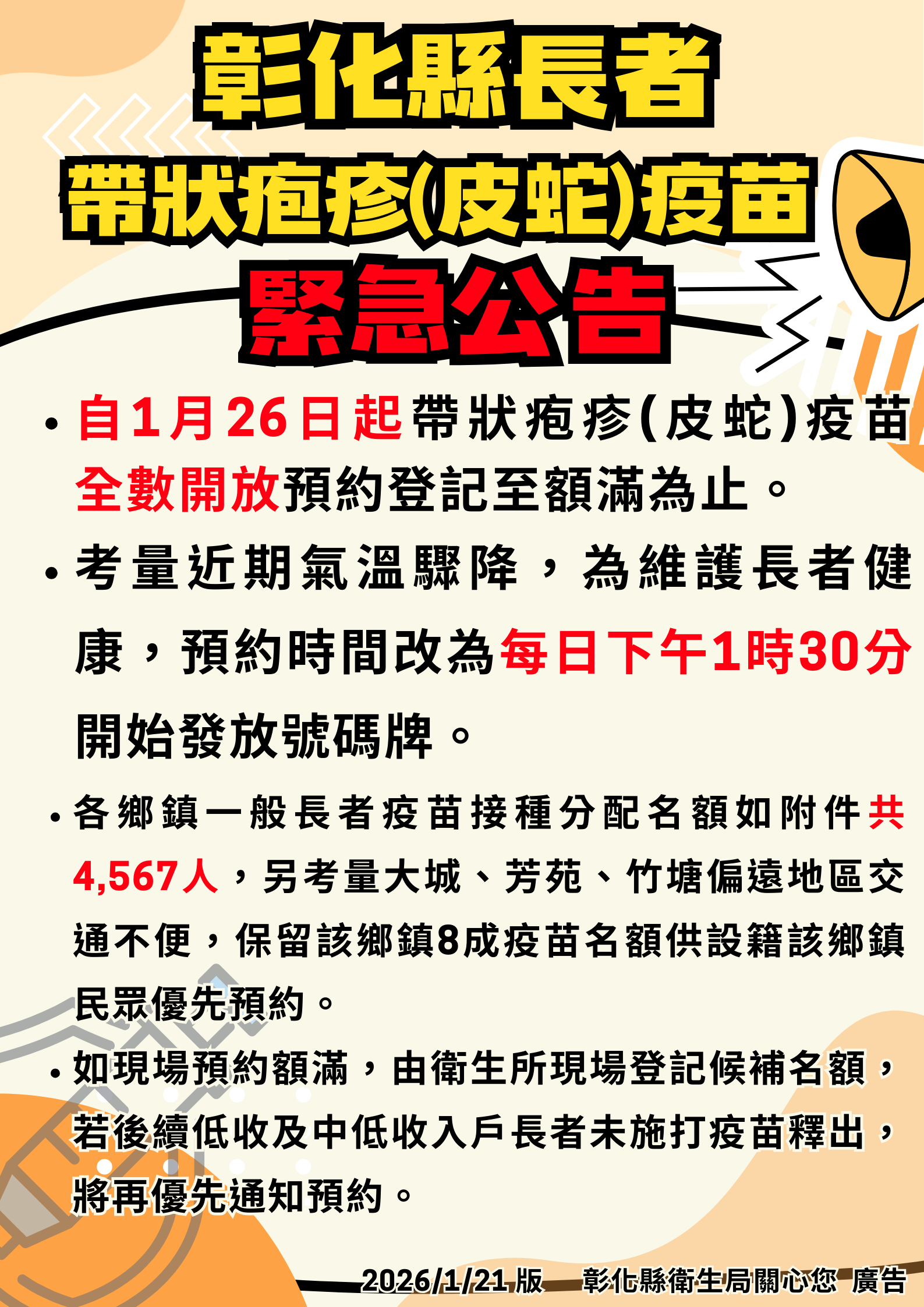 圖彰化縣長者帶狀疱疹(皮蛇)疫苗接種踴躍 1月26日起疫苗全數開放預約登記至額滿為止 考量氣溫驟降 預約時間改為每日下午1時30分開始