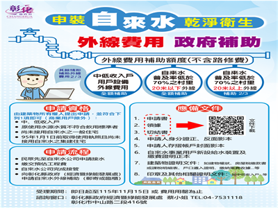 彰化縣預先受理115年自來水用戶設備外線補助 最高可獲全額補助