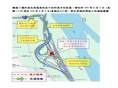 115年6月1日上午10時至6月5日中午12時，國道3號和美交流道南向出口往和美方向匝道封閉部分車道進行施工
