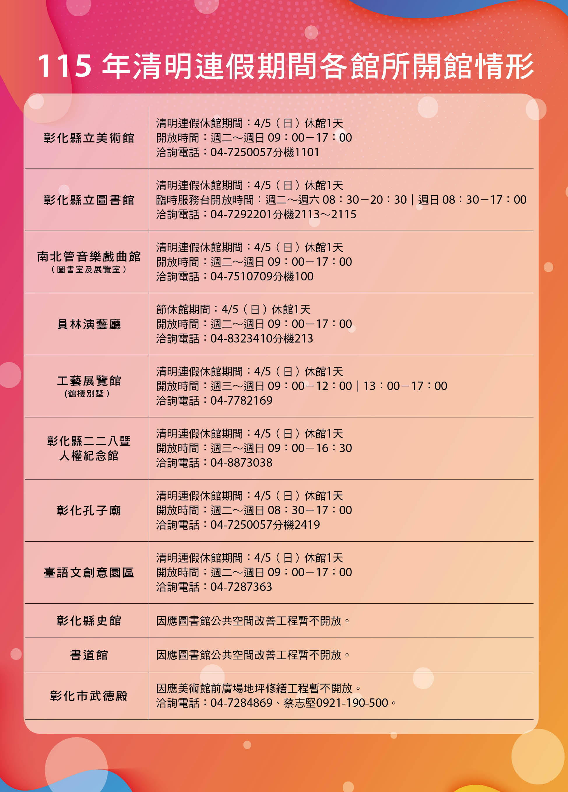 縮圖：彰化縣文化局115年清明連假期間各館所開館情形