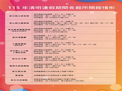 彰化縣文化局115年清明連假期間各館所開館情形